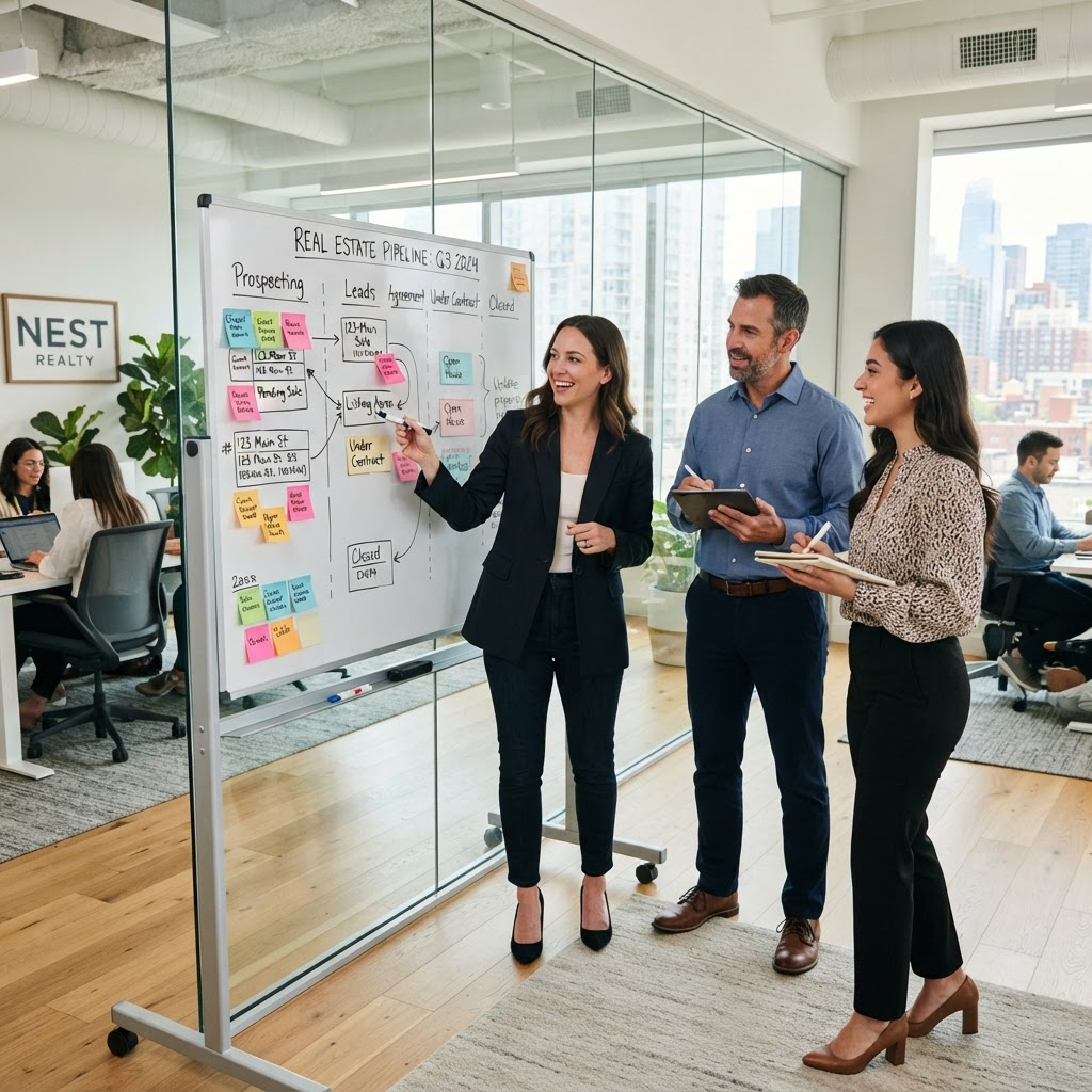 Real estate team collaborating around a planning board
