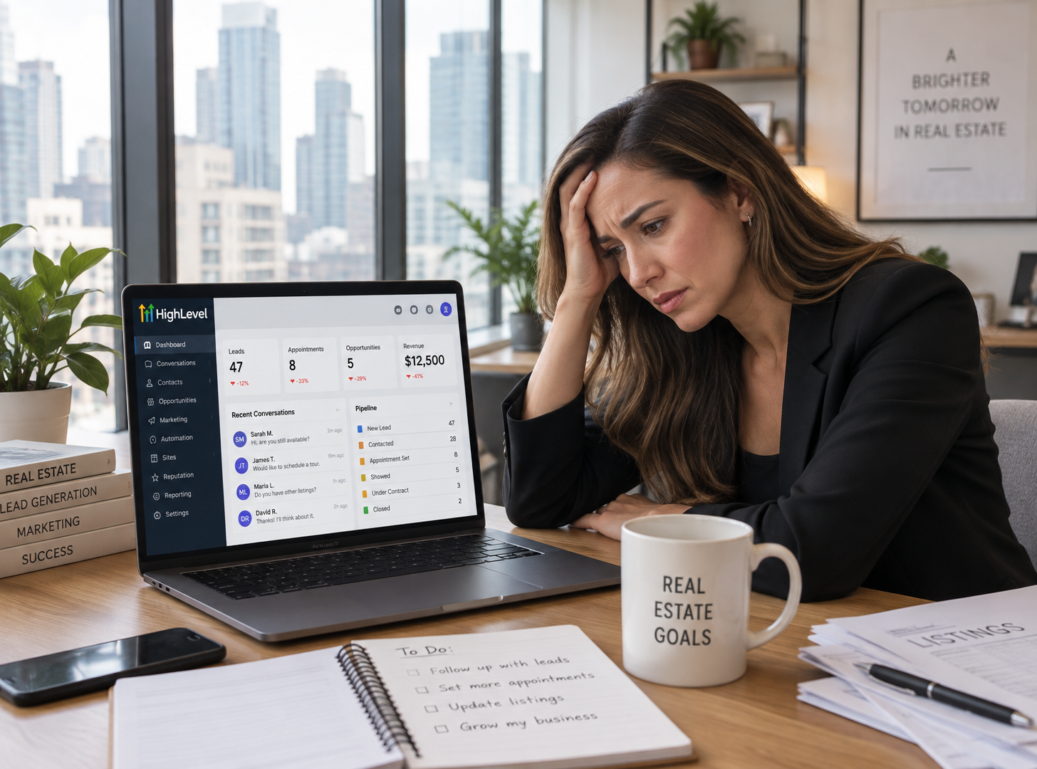 A real estate professional reviewing a HighLevel dashboard