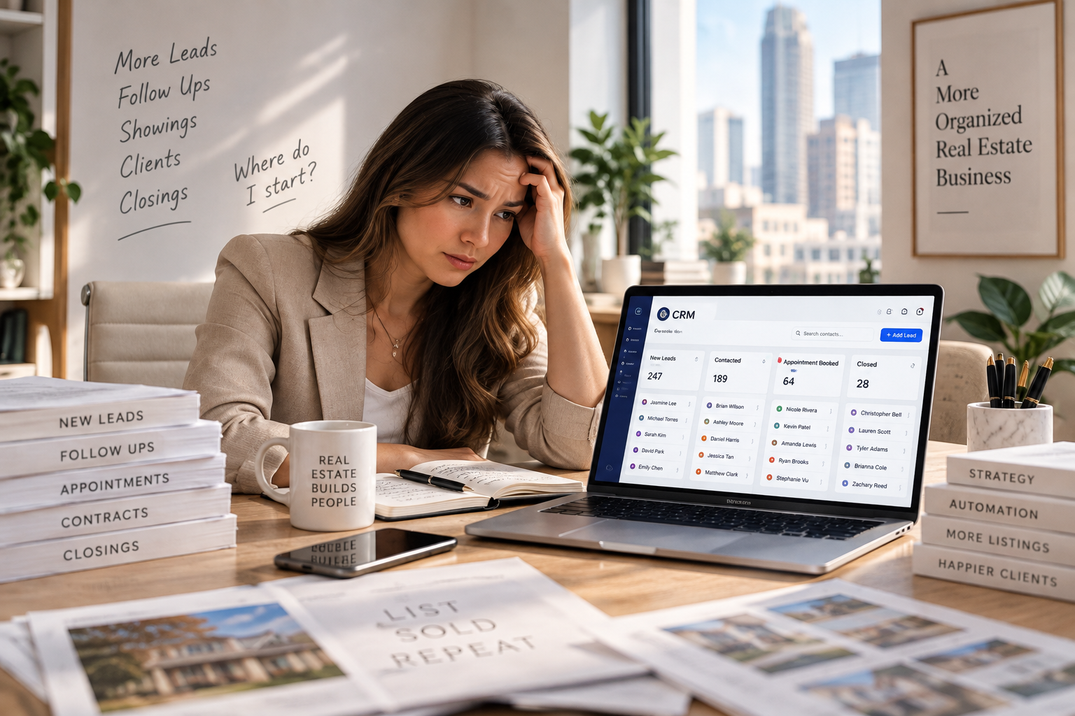 An overwhelmed real estate professional reviewing a CRM dashboard