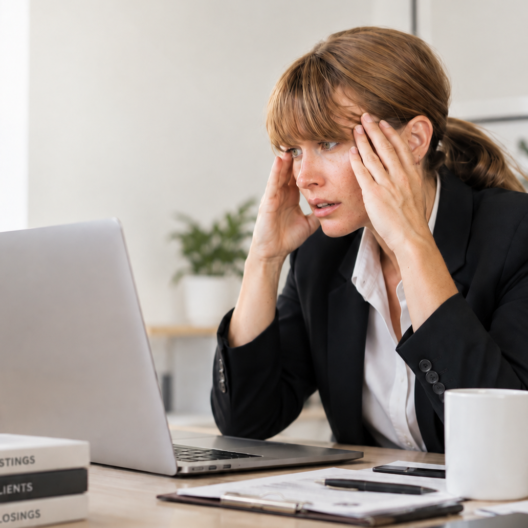 Stressed real estate professional overwhelmed by CRM and lead management