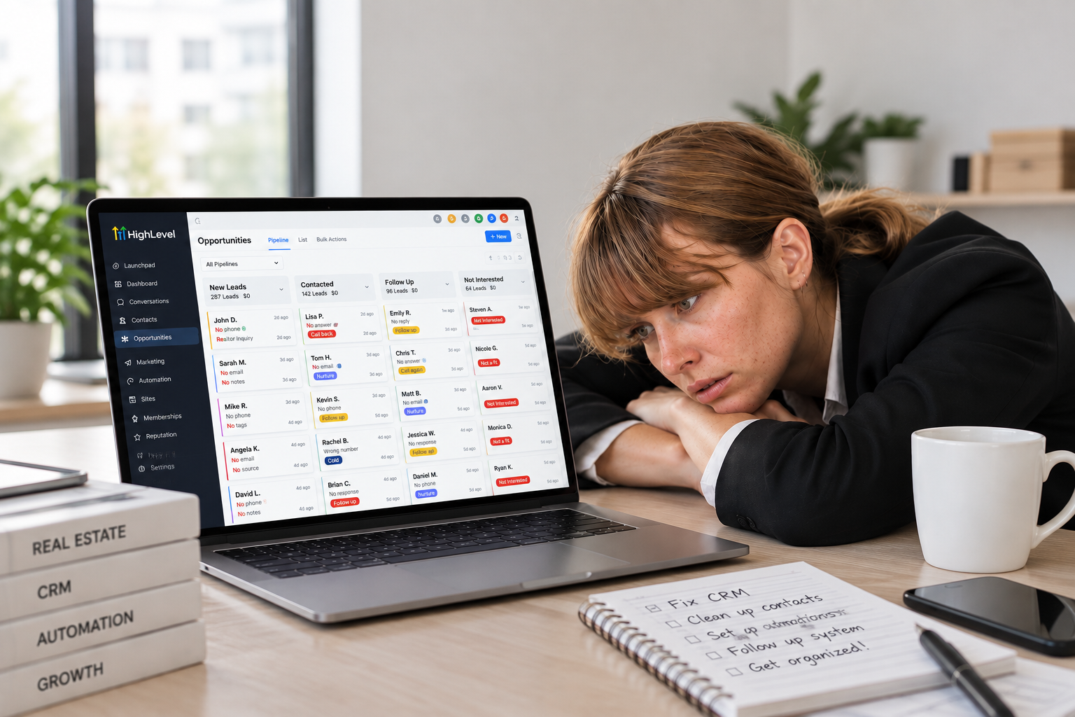 Stressed real estate professional reviewing a cluttered real estate CRM